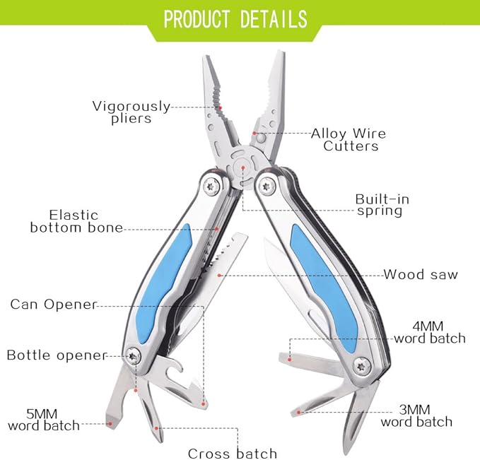 Folding Multitool Pliers Bottom Bone Elastic Forceps Clamp Multifunction Fine Blanking Pocket Pliers with Nylon Sheath and Gift Box Suitable for Home/Camping/Travel/Hiking/Outdoor Blue