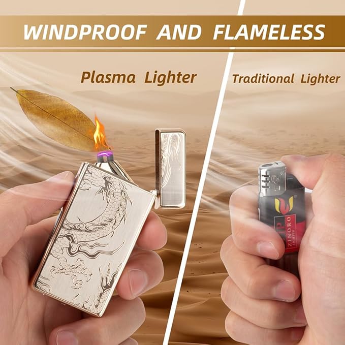 LcFun Plasma Lighter USB Type C Rechargeable Lighters Flameless Electric Lighter Windproof Dual Arc Lighter with LED Battery Indication for Candles, Outdoor Camping, Fireworks (Gold Dragon)