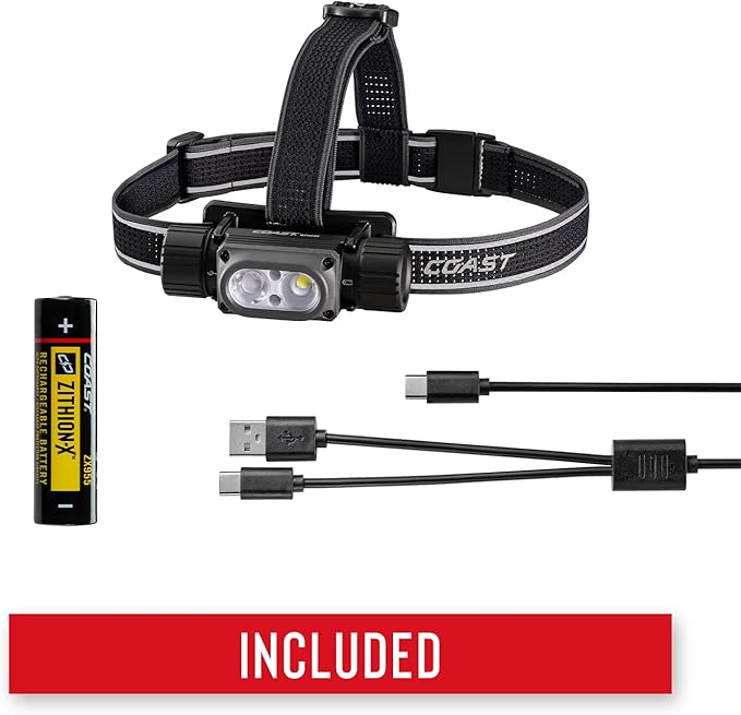 COAST WPH34R 2000 Lumen Waterproof Ultra Bright IP68 USB Rechargeable-Dual Power Headlamp, 6 Modes with Spot and Flood Beams, Black/Grey