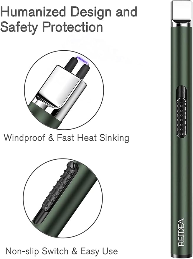 REIDEA Lighter S4 Electric Candle Lighter USB Rechargeable with Safety Switch, Flameless Portable Fast Heat Windproof Plasma Lighters, Perfect for Home Cooking BBQ Camping Fireworks(2 Pack Pine Green)