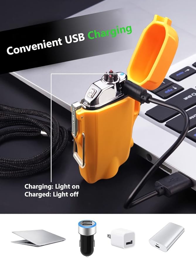 GADATOP Electric Lighter, Outdoor Waterproof Double arc Lighter Windproof Lighter, Rechargeable USB Lighter flameless Plasma Lighter with LED Torch with Lanyard, Suitable for Camping, Hiking (Orange)