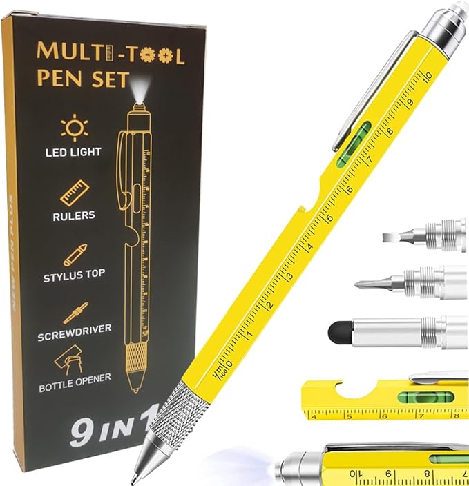 9 in 1 Multitool Pen, Stocking Stuffers Gifts Unique Christmas Birthday Multi Tool Pen for Men Dad Husband Who Have Everything, Cool Gadgets Pocket Multi Tool (Yellow)