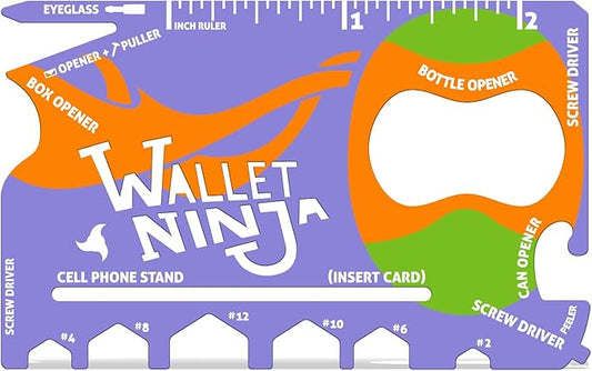 Wallet Ninja 18 in 1 Credit Card Multi-Tool: (Baby Blue, Snow White, Mutant Purple) Eyeglass Screwdriver, Hex Wrenches, Bottle Opener, Phone Stand, Can Opener, Ruler