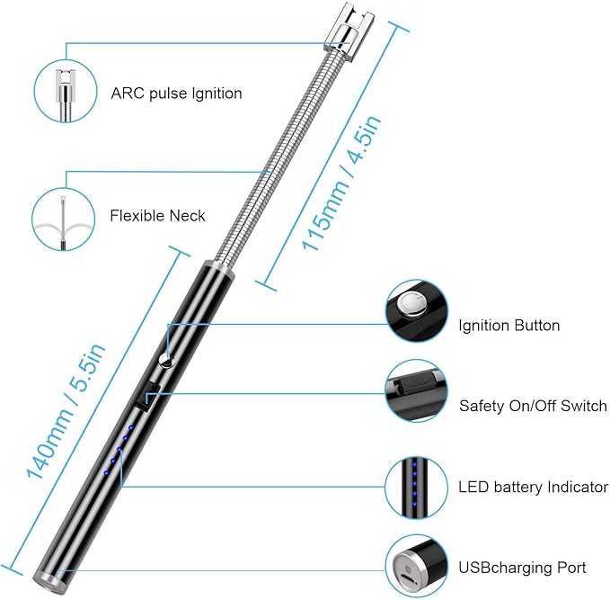 Candle Lighter Electric Arc Lighter USB Rechargeable BBQ Lighter with Flexible Neck for Candle Camping Cooking BBQs Fireworks - Black