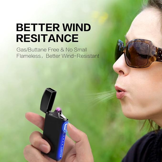 Dual Arc Plasma Lighter with LED Battery Indicator and Box, Rechargeable Windproof Flameless Electric Lighters for Fire Outdoors Camping Hiking Friends