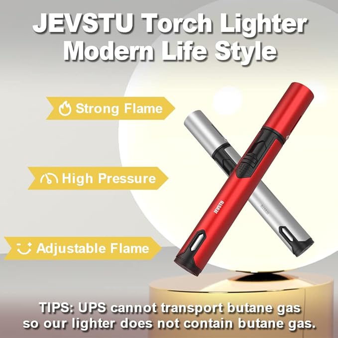 Butane Lighter, 2 Pack Torch Lighter with Fuel Level Window, Adjustable Fire Jet Torch Windproof Lighter Long for Grill Cooking Candle, Red & Silver (Gas not Included)