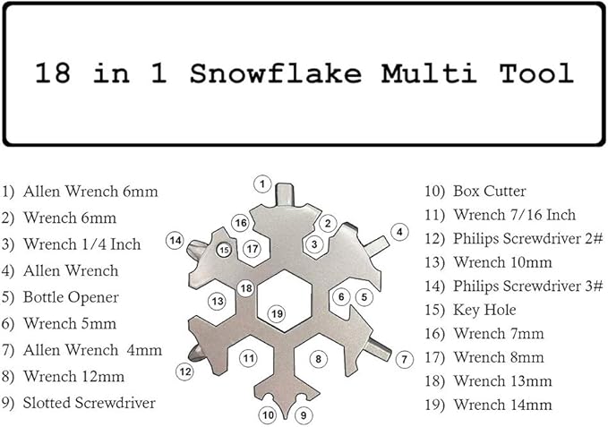 Snowflake Multi-Tool - 18-in-1 Stainless Steel Snowflake Tool with Keychain, Screwdriver, Bottle Opener, Compact and Portable for Outdoor Adventure and Daily Use