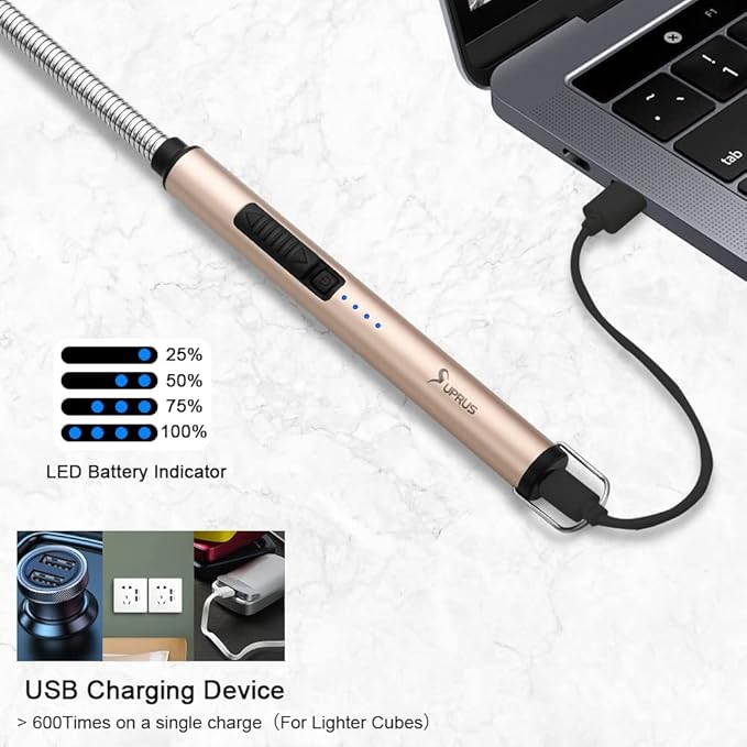 SUPRUS Electric Lighter Candle Lighter USB Type C Rechargeable Lighter Steel Shell & Hanging Hook with 360° Flexible Neck(Gold)