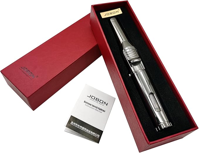 JOBON Torch Lighter, Adjustable Rotatable Lockable Jet Flame Refillable Long Pen Lighter with Gas Window for Candle Grill Baking Camping (Butane Not Included) (Black-Ice)