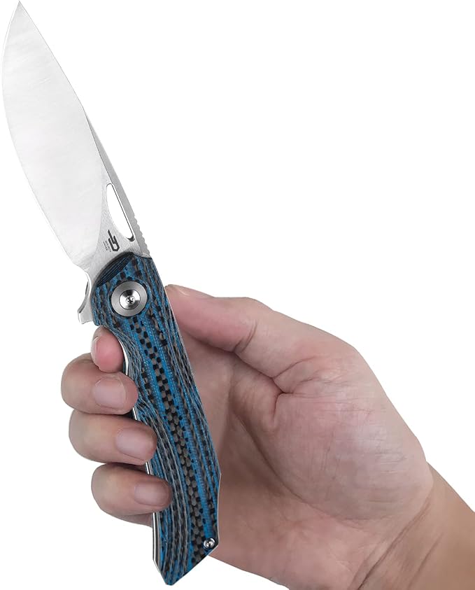 BESTECH KNIVES Pocket Folder Folding Knife: 3.54" 154CM Steel Satin Blade, Carbon Fiber and G10 Scales, Flipper, Liner Lock, EDC Titanium Clip, BL01B (Black Blue)