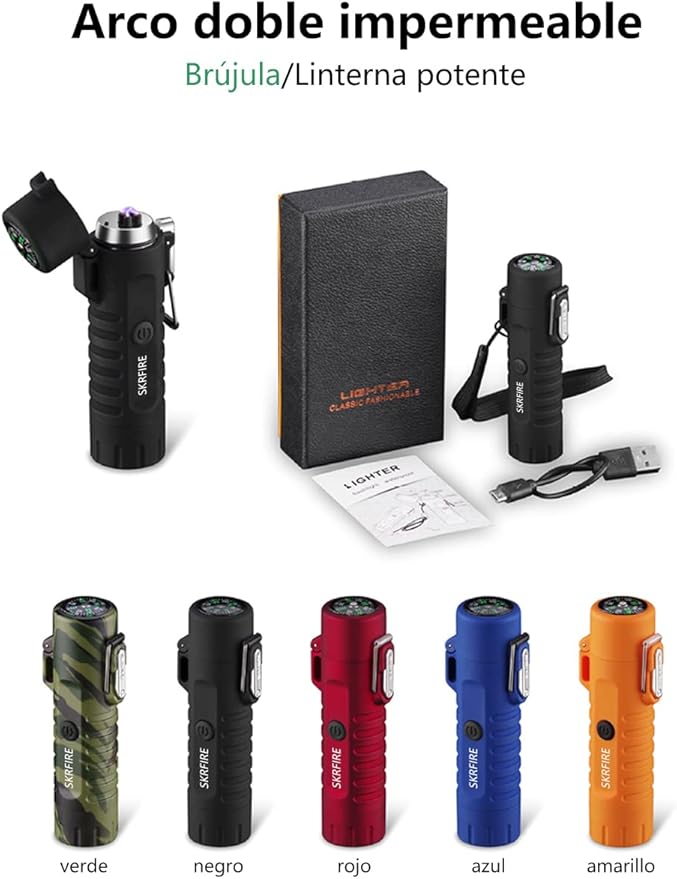 SKRFIRE Outdoor Compass Lighter Windproof Double Arc Electric Lighter Rechargeable Lighter Flashlight Lighter Waterproof Plasma Lighter with Lanyard for Camping, Hiking, Travel (Red)