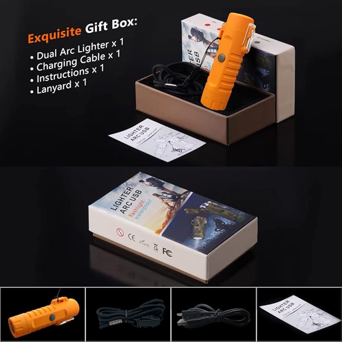 Electric Lighter Rechargeable, Waterproof Lighter Plasma Lighter with Flashlight Windproof ARC Lighter Flameless for Camping Hiking(Orange)