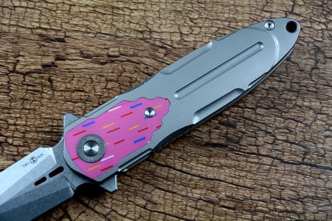 TWO SUN Spear Point 14C28N Folding Blade Hunting Knives Flipper Fast Open TC4 Titanium Handle TS514, pink