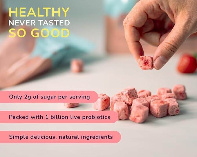 Yozz Freeze Dried Yogurt with Real Strawberry Bites - 10 Small Packs - Healthy Snacks with Probiotics, No Sugar Added For Adults, Babies, and Toddlers - Tastes Wow!