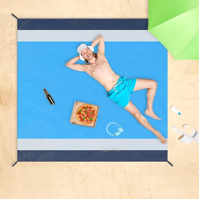 Beach Blanket Sandproof Waterproof, Large Beach Mat Lightweight Portable Quick Drying for Picnic Camping Hiking Travel Beach Accessories (1, BlueWhiteGrey, 118x106 Inches)