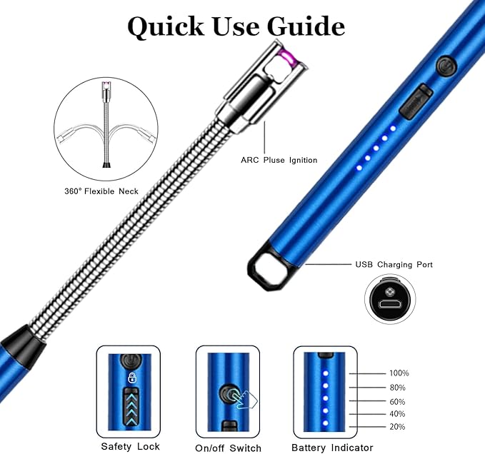 Candle Lighter Electric Lighter Rechargeable Arc Lighter with LED Battery Display360° Flexible Neck Flameless Grill Long Lighters for Light Candles Gas Stoves Camping Barbecue. (Blue)