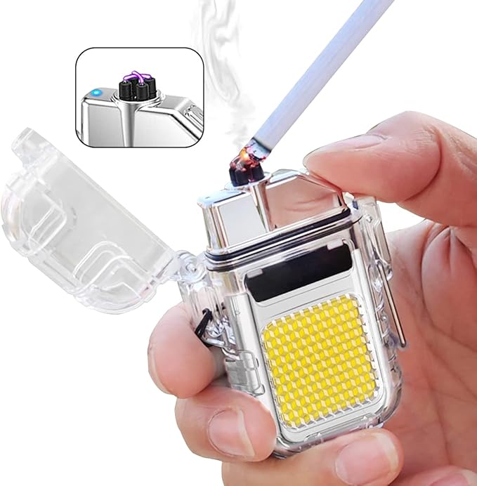 Outdoor Arc Electric Lighter USB Rechargeable Lighter LED Flashlight Double Arc Plasma Lighter Perfect for Camping Hiking Traveling (Silver)