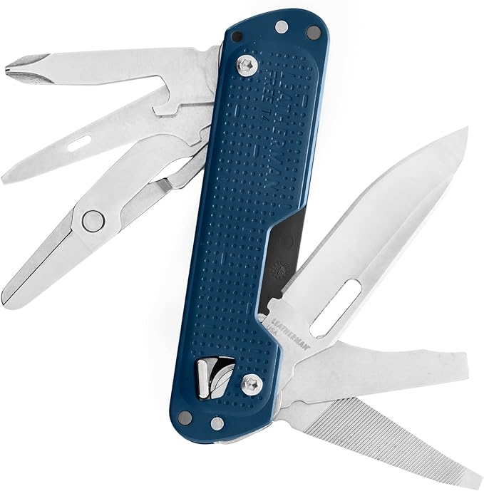 LEATHERMAN, FREE T4 Multitool and EDC Knife with Magnetic Locking and One Hand Accessible, Made in the USA, Stainless, Navy