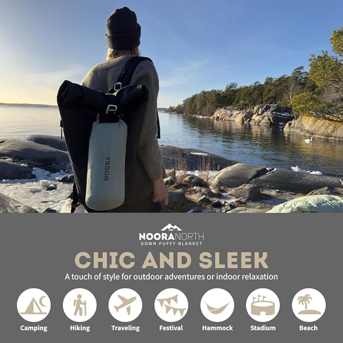 Down Camping Blanket - Warm Puffy Camping Quilt for Cold Weather, Backpacking, Hiking, Beach, Travel Gear - Lightweight Outdoor Packable Blanket Poncho or Throw & Bag - 50x77