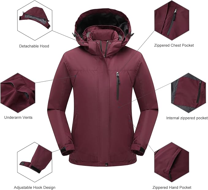 Women's 3 in 1 Ski Jacket Mountain Waterproof Windproof Winter Snow Coat Hike Snowboarding Jackets Hooded Warm Raincoat