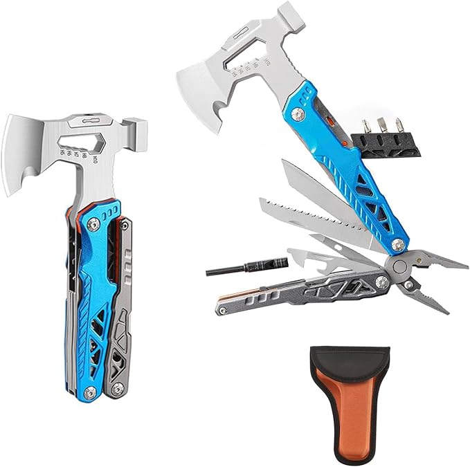 Camping Axe Multitool 17 IN 1, Foldable Camping Essentials Survival Gear Hatchet with Knife, Adjustable Wrench, Hammer, Screwdriver, Outdoor Multi Tool Stainless Steel Mens Gifts(Blue)
