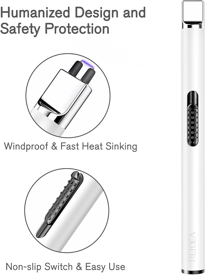REIDEA USB Candle Lighter, Windproof Flameless Electronic Lighter with Safety Protector Button, Rechargeable Lighter for Home Candle Outdoor Activities (White)