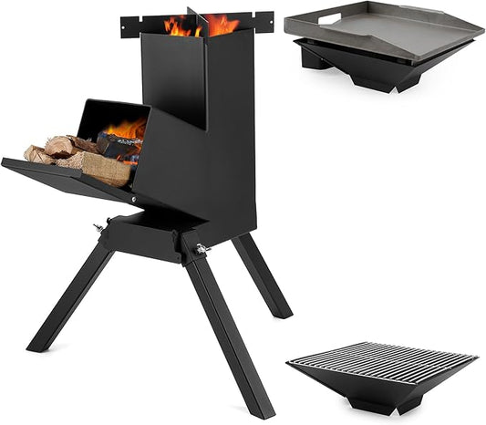 Stanbroil 3 in 1 Rocket Stoves with Grill Rack, Griddle and Pot Cooking Stand, Heavy Duty Wood Burning Stoves for Cooking, Camping wood Stove Kit for Off-Grid Supply, Outdoor Grilling Cooking Event