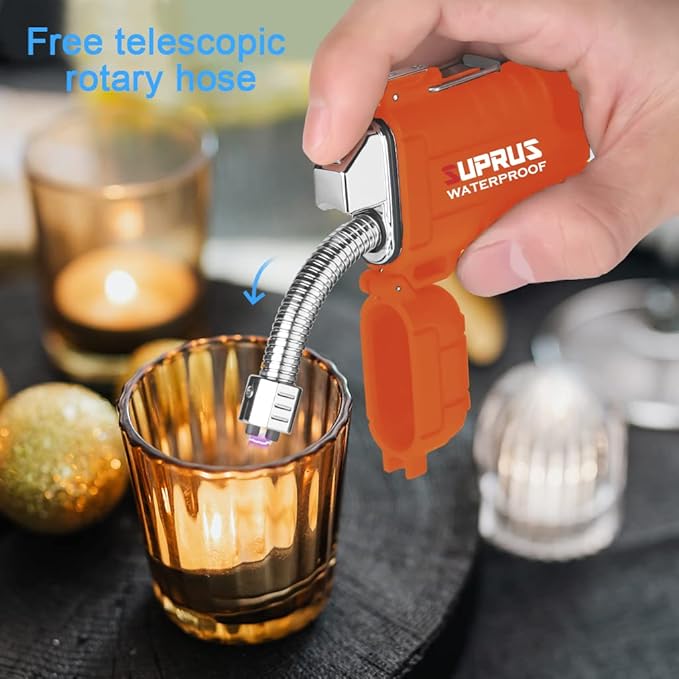 SUPRUS Waterproof Lighter Windproof Lighter Arc Plasma Lighters USB-C Rechargeable with Expandable and Flexible Neck for Outdoor Camping Kitchen (Orange)