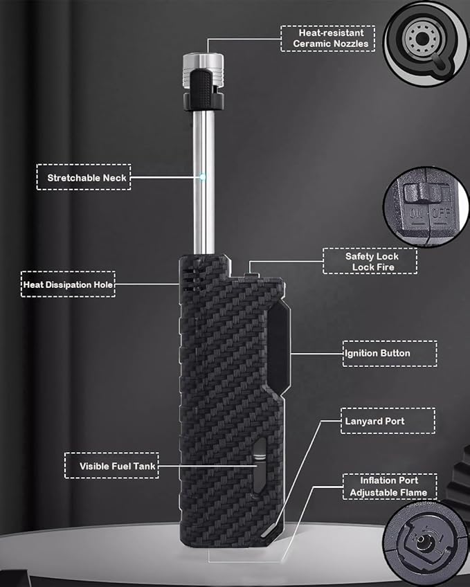 Butane Lighter Long Neck Flame Adjustable Lighter Refillable Multipurpose Windproof Lighters with Safety Lock and Visible Gas Window Lighter for Candle Fireplace Kitchen Camping Outdoor (carbon fiber)