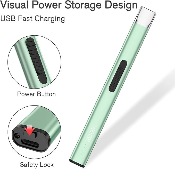 REIDEA Electric Lighter R1 Flat Candle Lighter, Windproof Flameless USB Rechargeable Arc Lighter with Safe Button and Power Indicator for Candle, BBQ and Fireworks, Mint Green