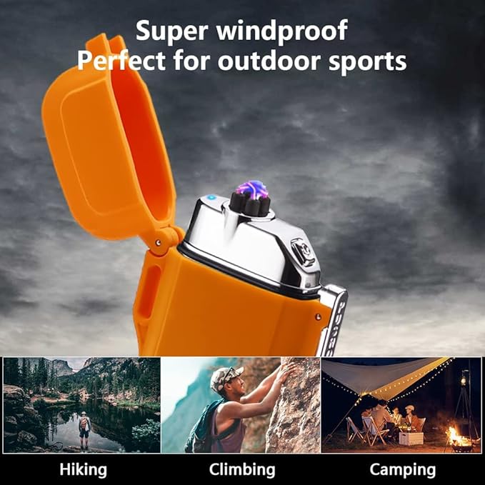 GADATOP Electric Lighter, Outdoor Waterproof Double arc Lighter Windproof Lighter, Rechargeable USB Lighter flameless Plasma Lighter with LED Torch with Lanyard, Suitable for Camping, Hiking (Orange)