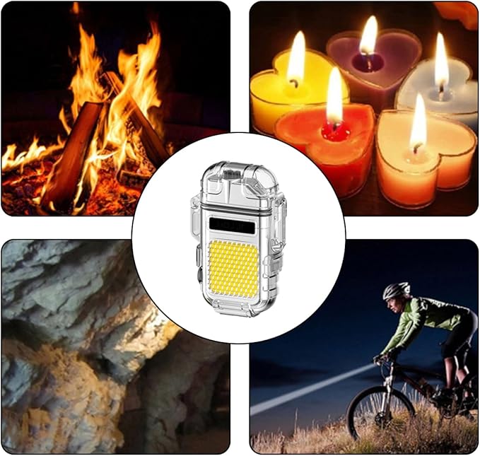 Outdoor Arc Electric Lighter USB Rechargeable Lighter LED Flashlight Double Arc Plasma Lighter Perfect for Camping Hiking Traveling (Silver)