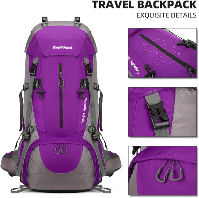 King'sGuard 70L Hiking Backpack Large Lightweight Waterproof Camping Backpack Travel Backpacking Backpack Daypack with Rain Cover -Frameless (Purple)