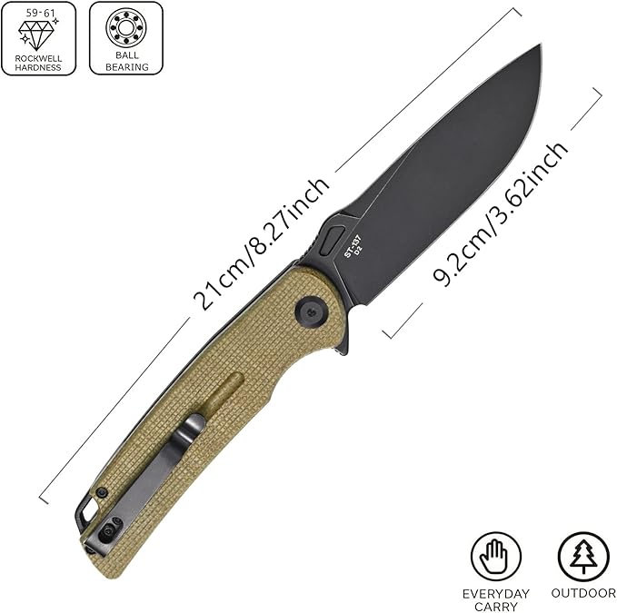 Sitivien ST137 Folding Knife,D2 Satin Blade,Micarta Handle EDC Tool Knife for Outdoor Hiking Camping Fishing(Green)