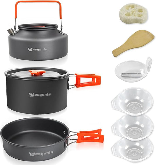 Camping Essentials Cookware Cooking Set, Camping Pots and Pans Set for Backpacking Gear, Car Camping Mess Kit for Camping Stove, Camp Kitchen with Camping Kettle, Pour Over Coffee Dripper