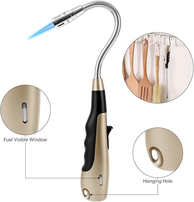 Butane Lighter Torch Long Lighter Jet Flame Windproof Lighter with Visual Fuel Window for Fireplace Kitchen Grill BBQ Camping, Gold (No Butane Included)