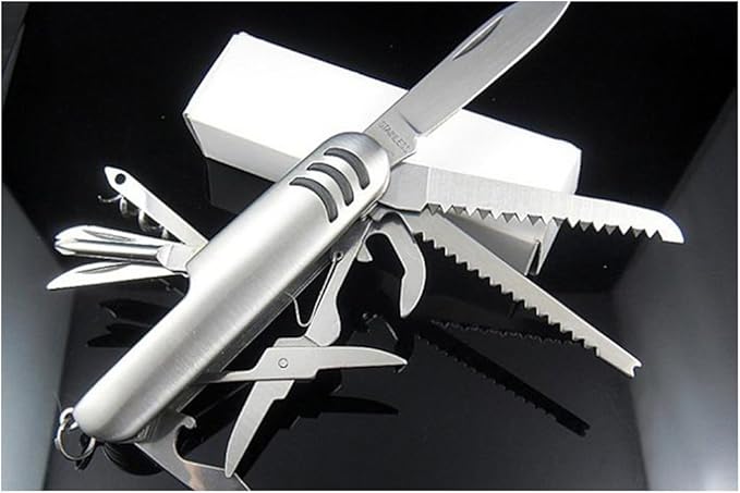 Multi Function Pocket Tools Chest Knife Stainless Steel with 11 features: knife, saw, double jagged, scissors, bottle opener, can opener, the screwdriver, file, the threading, scissors, red wine drill