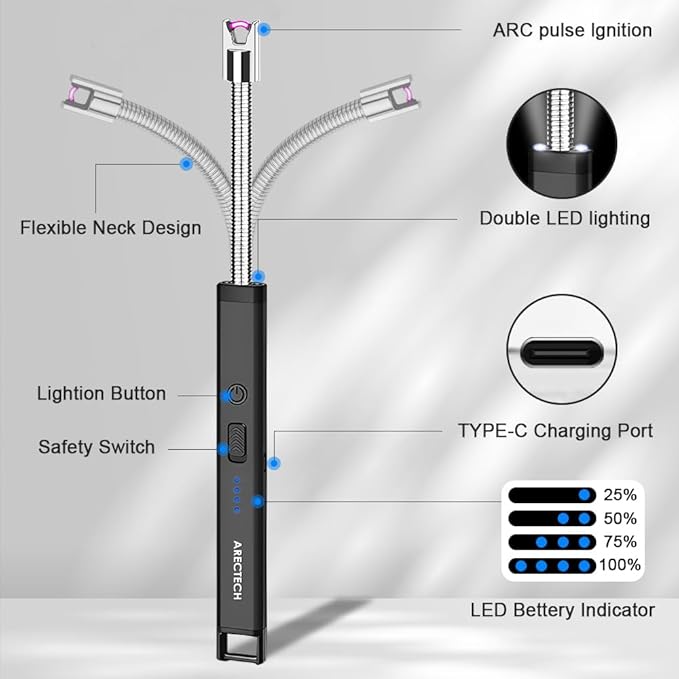 ARECTECH Lighter Candle Lighter Electric Lighter Rechargeable USB Arc Lighters for Candle Camping Fireworks Christmas Birthday Gifts with LED Light for Men Women Black