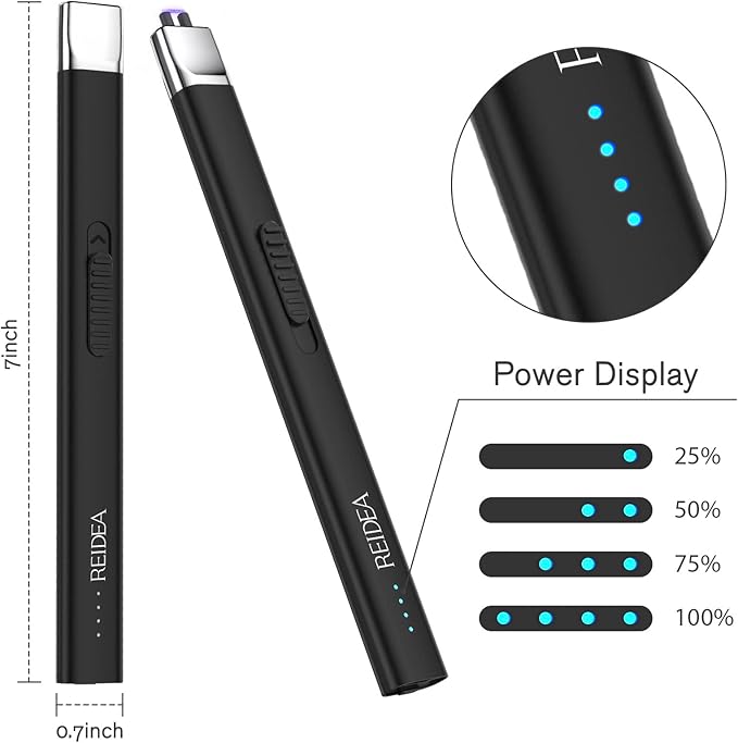 REIDEA 2 Pack Electric Lighter R1 Flat Candle Lighter, Windproof Flameless USB Rechargeable Arc Lighter with Safe Button and Power Indicator for Candle, BBQ and Fireworks, Obsidian Black