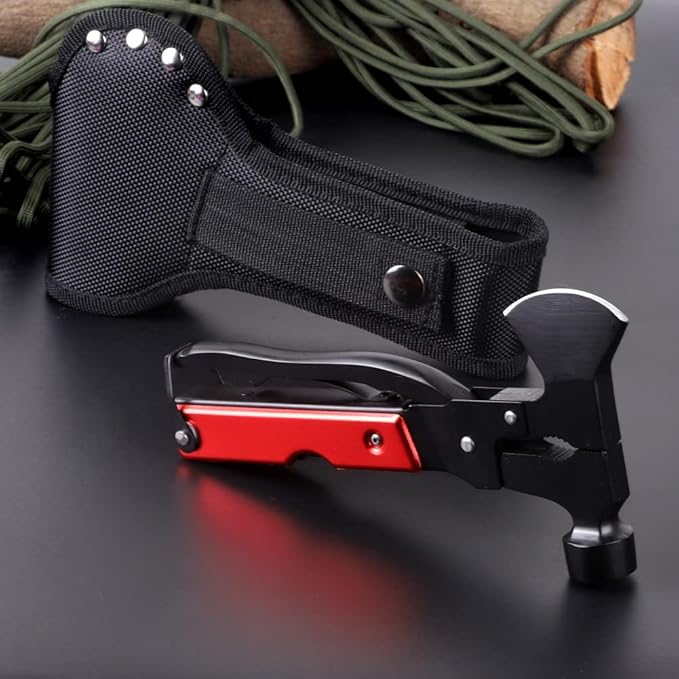 Multitool Axe Hammer Camping Tool, 14 in 1 Stainless Steel Multi tool with Hammer Axe Knife Plier Screwdrivers Saw Bottle Opener (Red) and Durable Sheath for Men Gifts