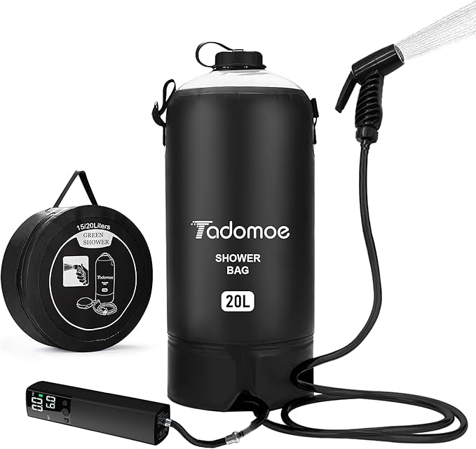Portable Shower by Tadomoe, 5 Gallons/20L Camping Shower Bag with Portable Shower Pump,Solar Shower with Hot Water,Leak Proof Handy Nozzle Temperature Indicator for Beach Trip, Camping and Hiking
