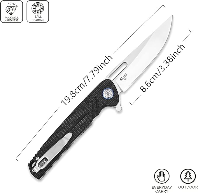 Sitivien ST140 Folding Knife Pocket Knife, D2 Blade Micarta Handle EDC Tool Knife for Outdoor Camping Hiking Hunting(Black) …