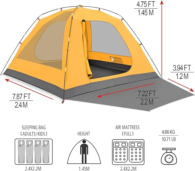 KAZOO 2/4 Person Camping Tent Outdoor Waterproof Family Large Tents 2/4 People Easy Setup Tent with Porch Double Layer