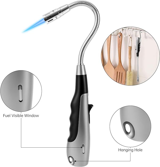 Butane Lighter Torch Long Lighter Jet Flame Windproof Lighter with Visual Fuel Window for Fireplace Kitchen Grill BBQ Camping, Black (No Butane Included)