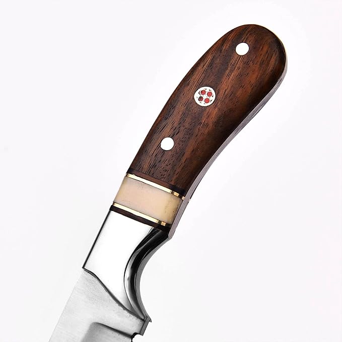 Handmade 1095 High Carbon Steel Bull Cutter Knife with Pancake Leather Sheath, Fixed Blade Cowboy Knife with walnut wood/Bone Handle, Utility Knife, EDC Hunting knife (Walnut Wood)