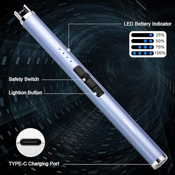 ARECTECH Lighter Rechargeable Lighter Electric Lighter Candle Lighter Arc Plasma Lighters for Candle Kitchen Camping Type-C Blue