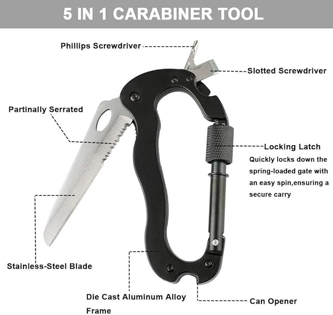 Upgrade 5-in-1 Multi-Function Portable Climbing Tool-Opener, Mini Carabiner, Mountaineering Keychain, Screwdriver, Portable Folding Carabiner Knife (Black)