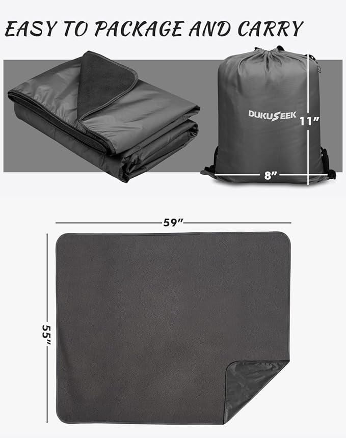 DUKUSEEK Outdoor Waterproof Stadium Blanket with Hood, Windproof Camping Blankets for Cold Weather, Sports, Yard, Soccer, Large Warm Fleece All Weather Blankets, Dark Blue 59"x56"
