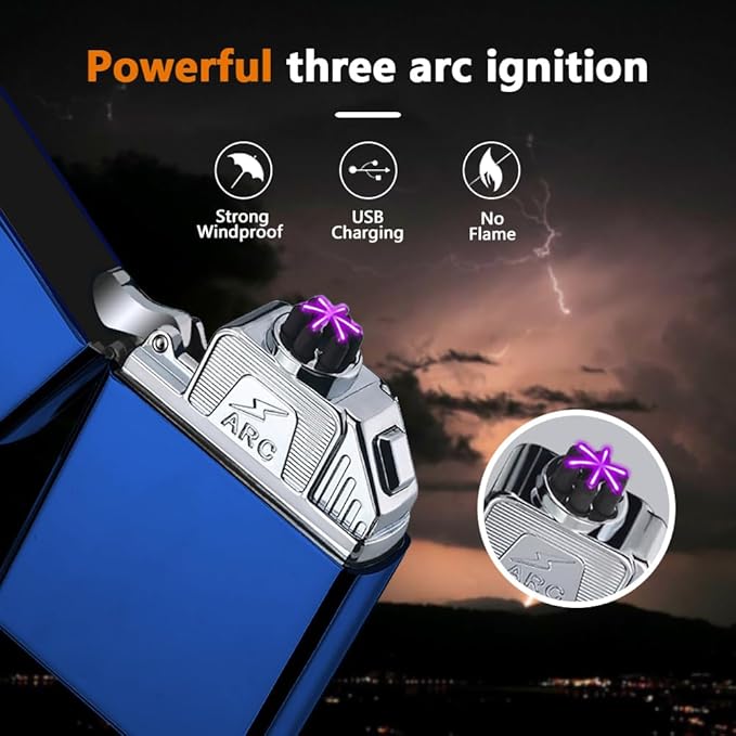 Electric Triple Arc Lighter Plasma Lighter Rechargeable Lighter Portable Electronic Lighter Windproof Flameless Lighter with Upgraded High Power Battery for Candle, BBQ(Blue)