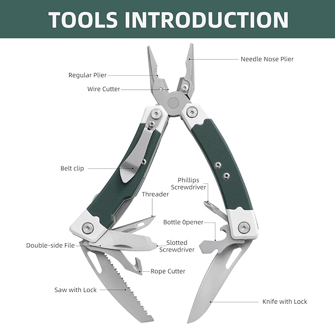 G10 Handle Multitool Pliers with YG10 Tungsten Steel Replaceable Wire Cutters 12 in 1 Multi Tool Pocket Knife with Safety Lock,Saw,Bottel Opener for Camping,Survival with Nylon Sheath (green)